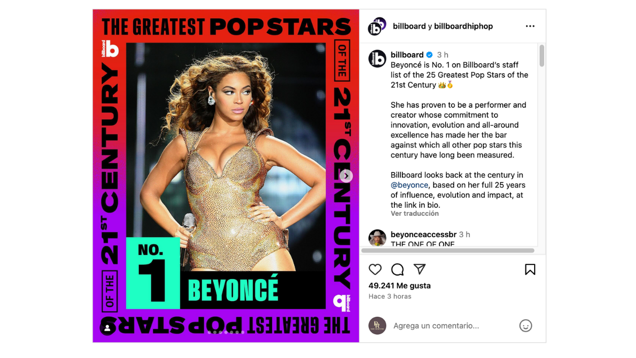 No es la primera vez que Beyoncé recibe este tipo de distinción. Billboard ya la nombró la mayor estrella pop del año en 2003 y 2014.